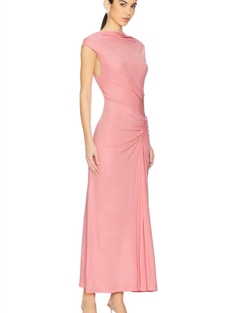 SIMKHAI Pink Draped Cowl Neck Maxi Dress Size L Ruched Wedding Guest Formal